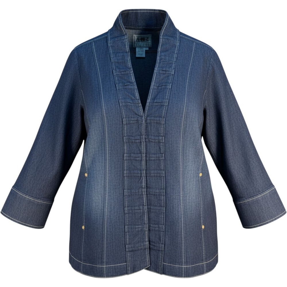 Vintage A.M.I Dark Wash Denim Open Front Jacket Ruched Trim Blue 80s 90s